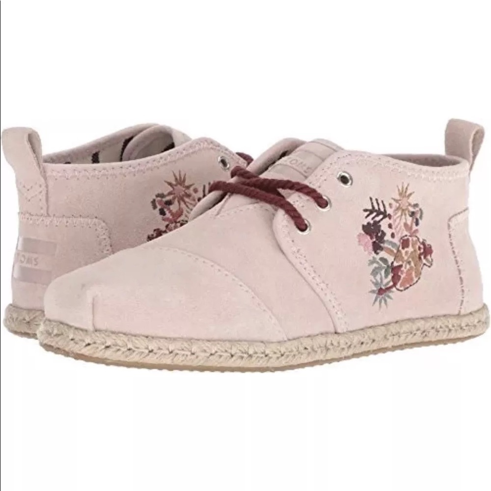 TOMS Bota Blush Pink Ankle Boots 8.5 Floral Embroidery Suede Rope Booties Shoes
